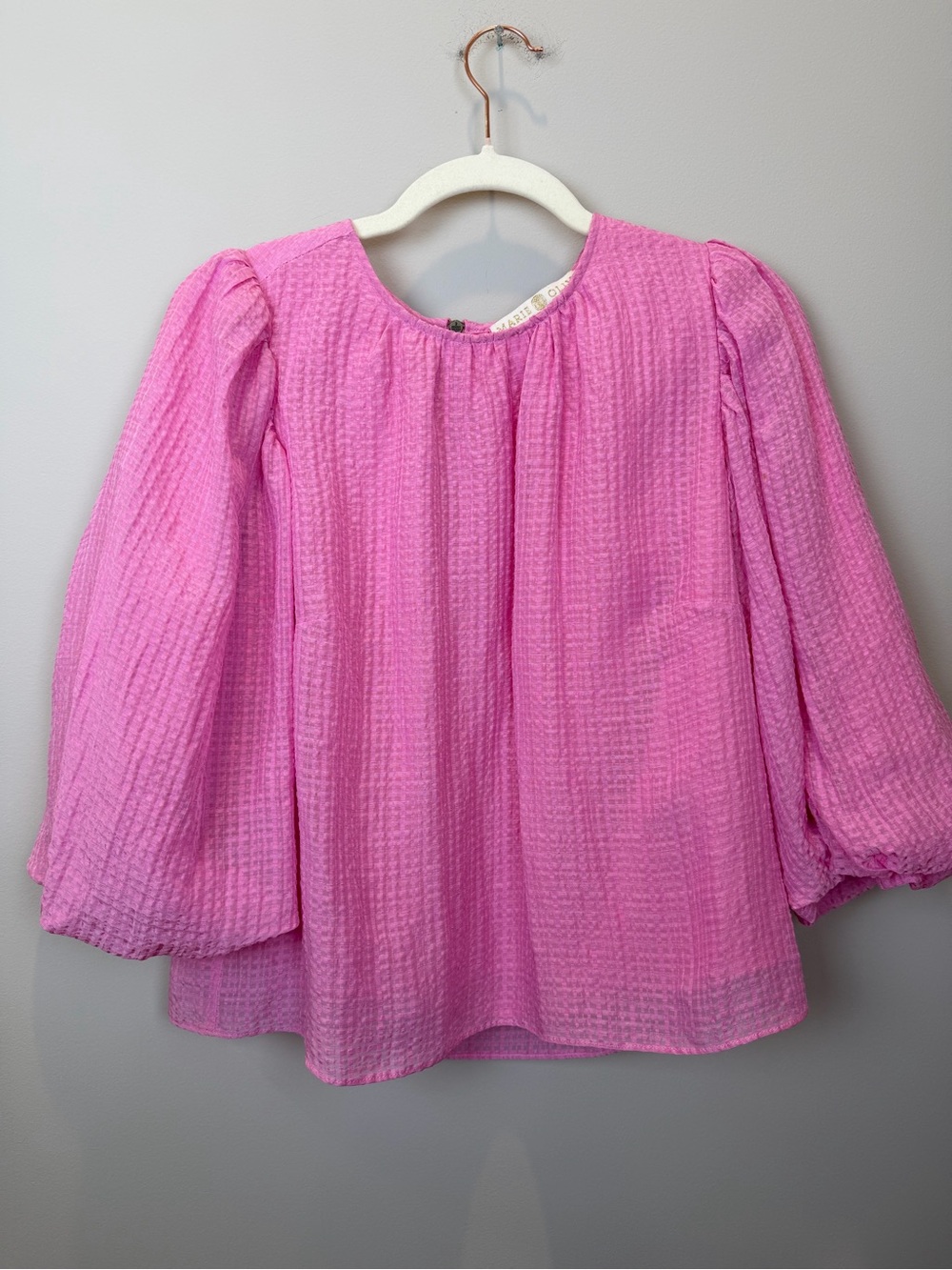 Marie Oliver Pink Linen Silk Blouse Puff Sleeve Textured Top